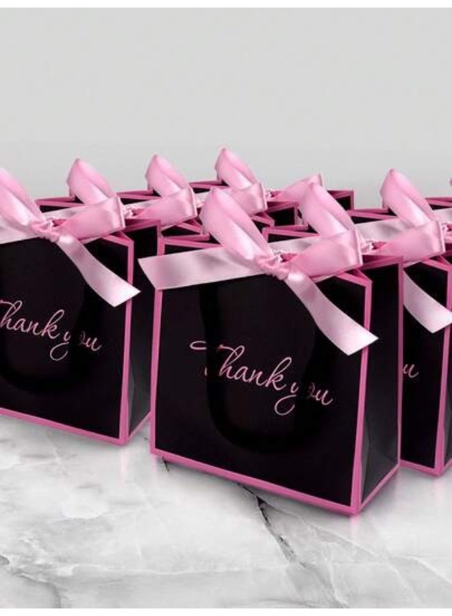 توزيعات العيد علب هدايا كرتونية سوداء أنيقة بحدود وردية وفيونكة ناعمة لتقديم الحلوى والهدايا 10 قطع - Image 2